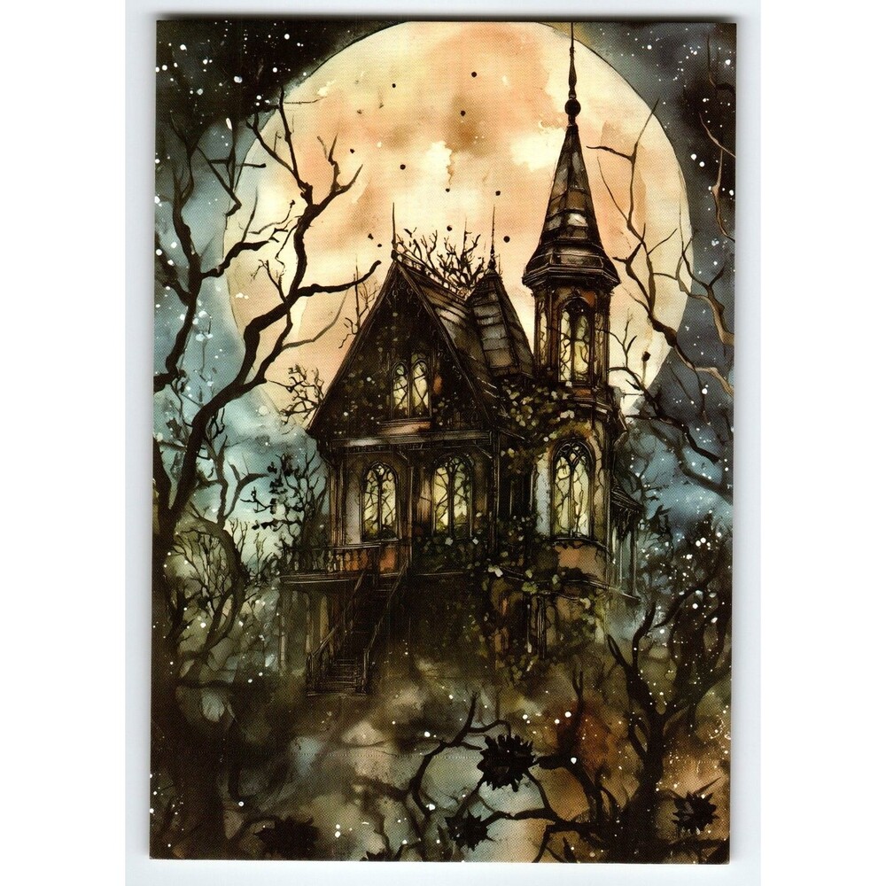 Haunted Victorian House Halloween Postcard with Full Moon Lithograph